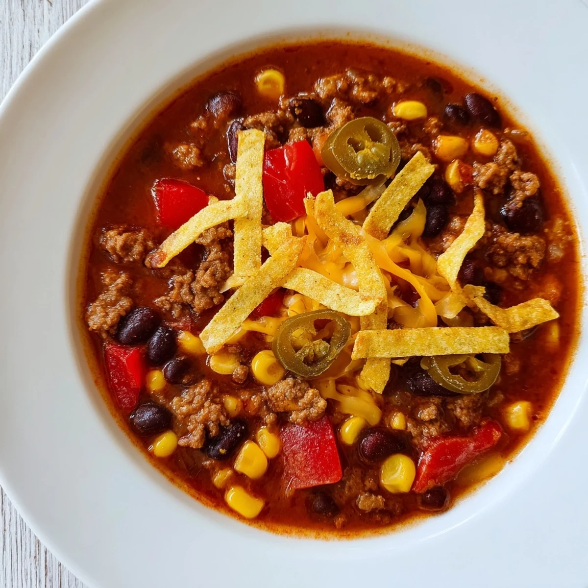 Hearty Beef Enchilada Soup with crispy tortilla strips is ready to warm you up tonight.