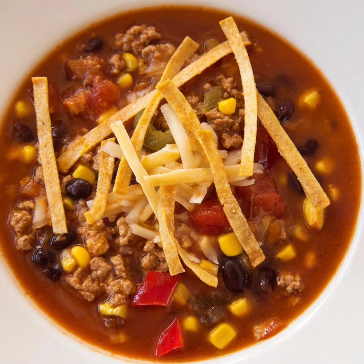 Golden tortilla strips top this savory bowl of Beef Enchilada Soup, ready for your spoon.