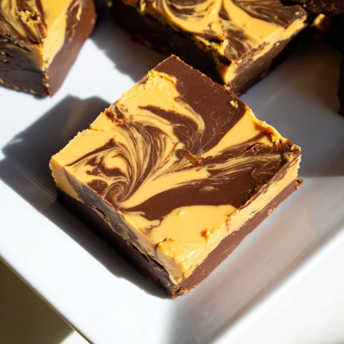Rich, decadent Chocolate Peanut Butter Fudge, chilled and cut into perfectly square, irresistible bites now.