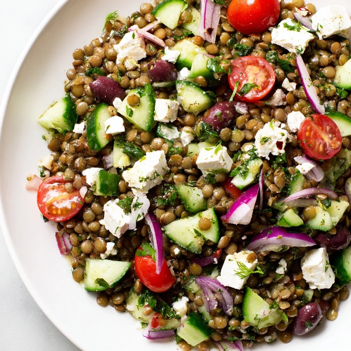 Mediterranean Lentil Salad with Feta, bursting with color and flavor, ready to enjoy as a light lunch.