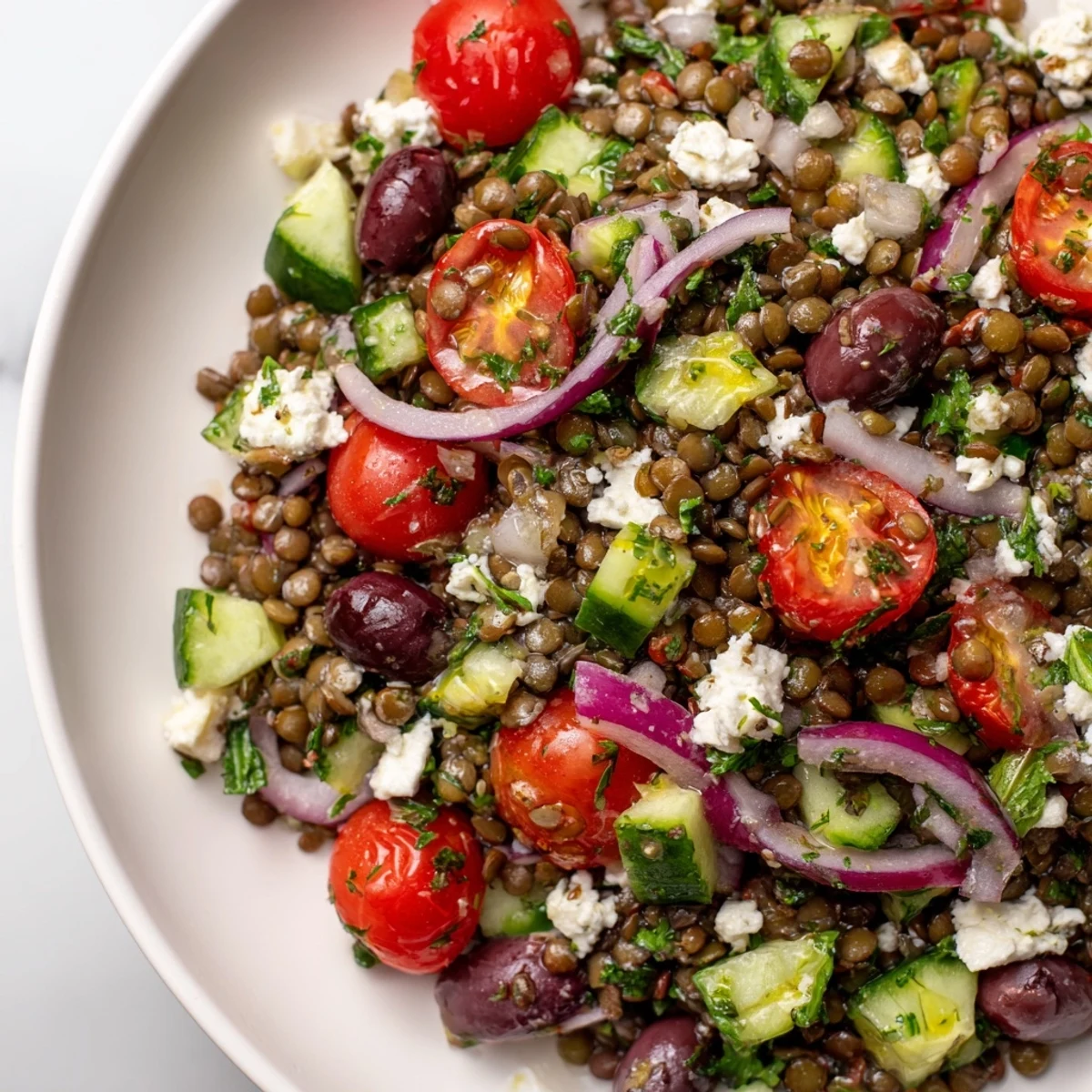 This delicious Mediterranean Lentil Salad with Feta, dressed and ready to eat makes a satisfying and healthy meal.