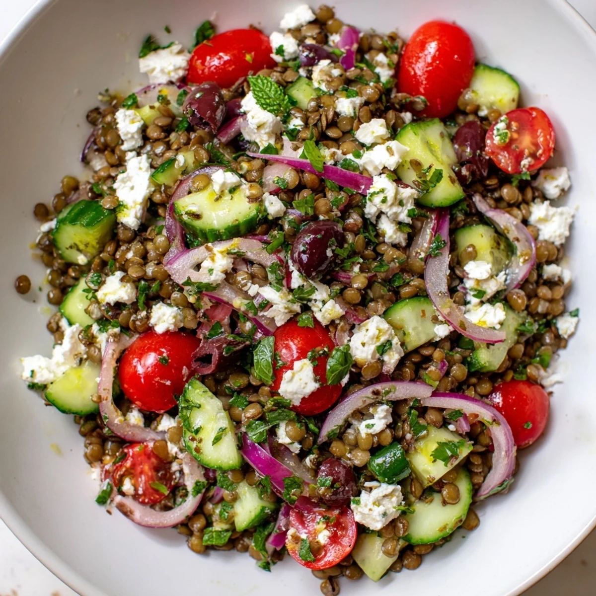 A fresh, close-up image of the Mediterranean Lentil Salad with Feta, showcasing bright veggies and creamy feta.