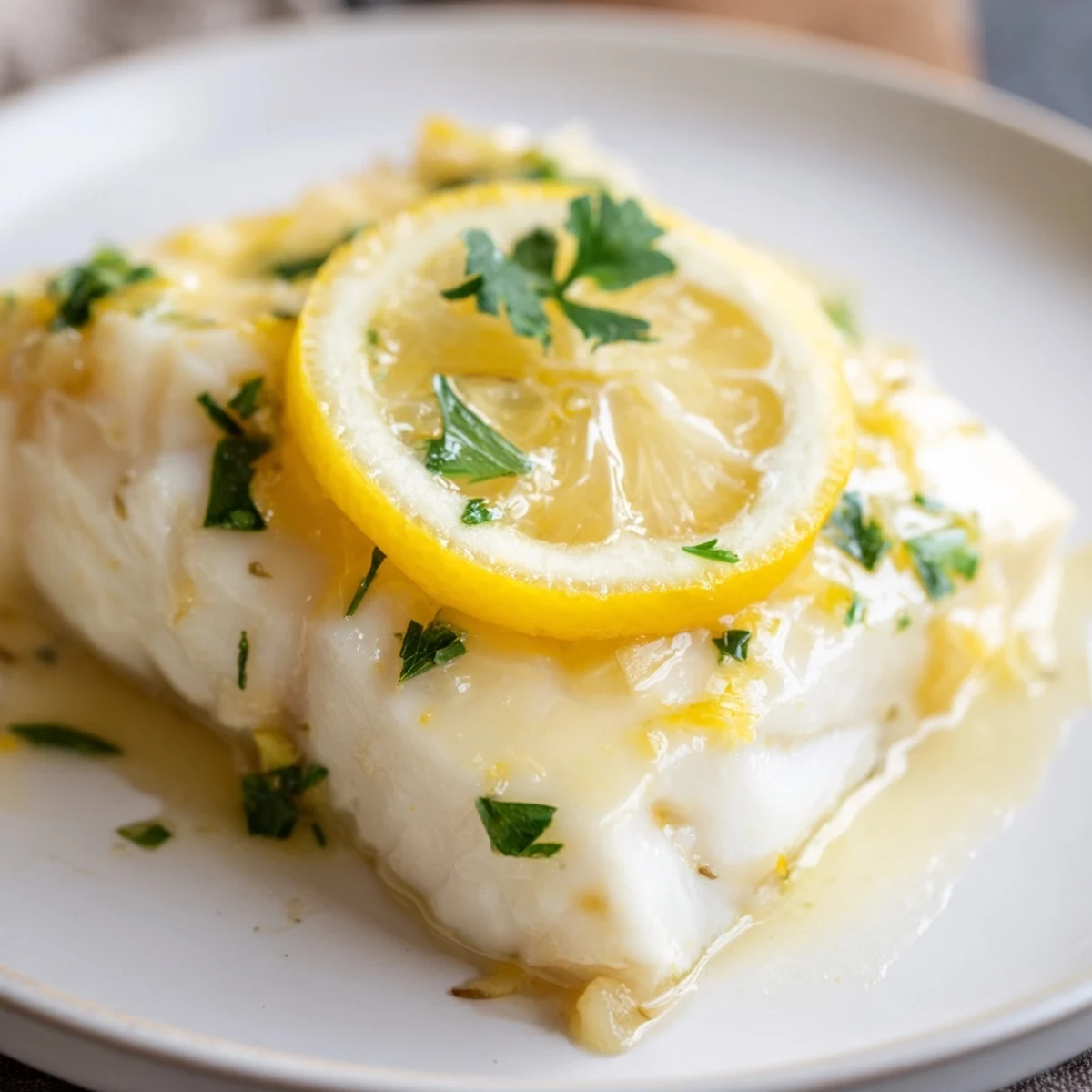 A close-up shot of Baked Halibut with Lemon Butter, garnished with fresh parsley and lemon slices.