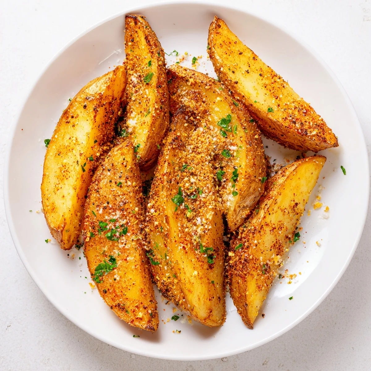 Golden brown and perfectly crispy, oven-baked potato wedges ready to enjoy as a flavorful side dish.