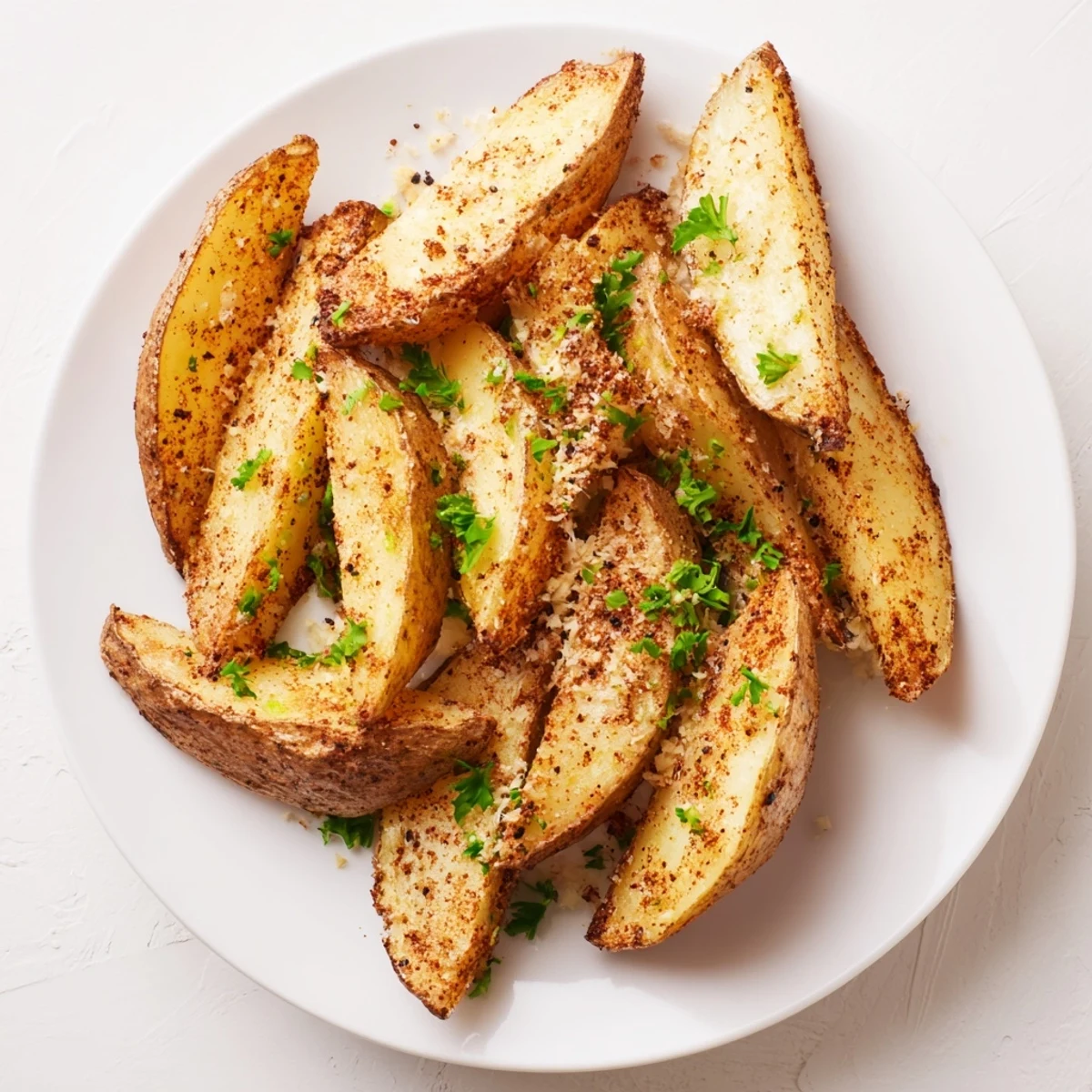 Close up shot of sizzling oven baked potato wedges, seasoned and perfectly browned on a baking sheet.