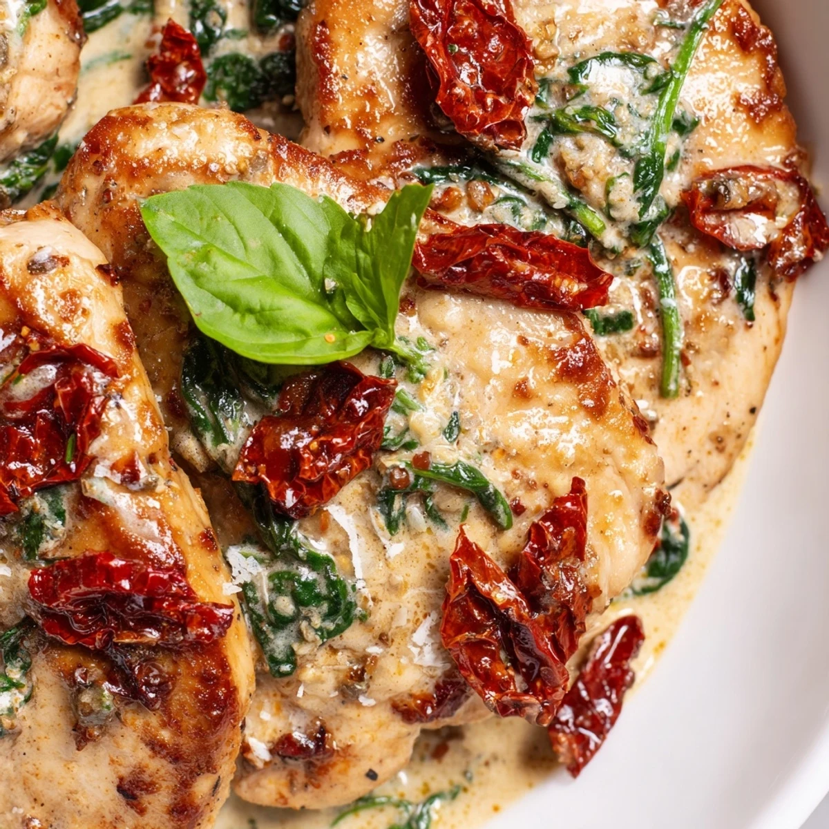 Fork-tender chicken breasts smothered in a rich garlic cream sauce with sun-dried tomatoes and wilted spinach.