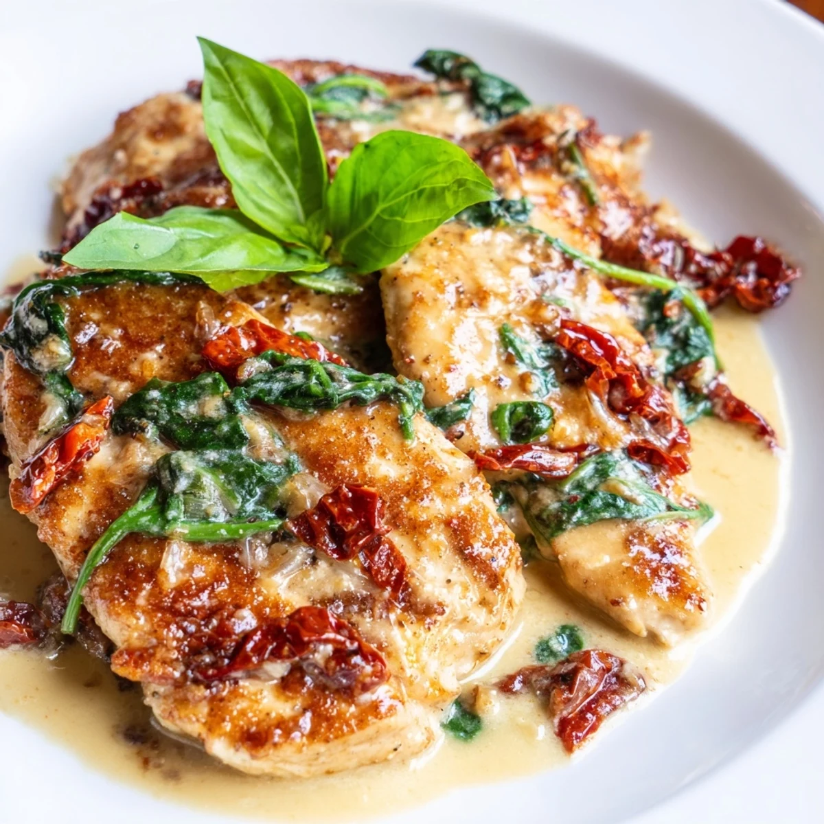 Tender chicken coated in creamy Tuscan sauce served alongside baby spinach and vibrant sun-dried tomatoes.