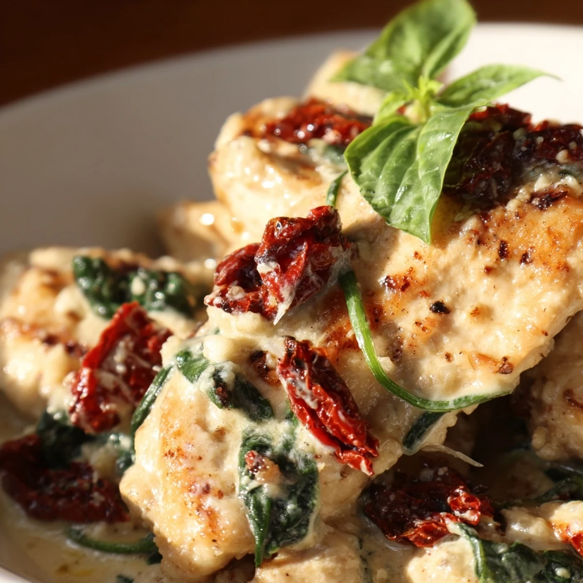 Golden seared chicken breasts coated in a rich garlic cream sauce with spinach and sun-dried tomatoes.