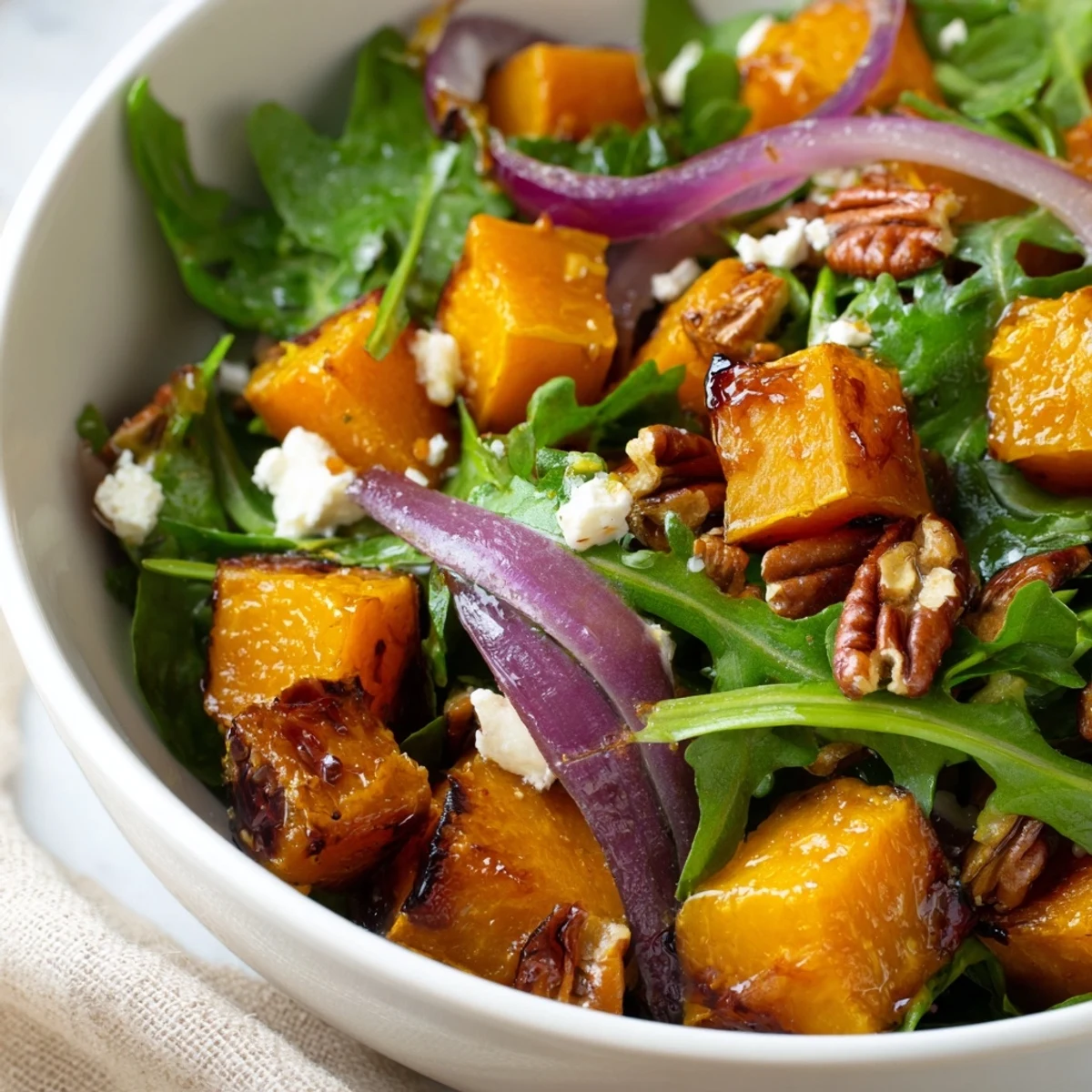 Freshly roasted butternut squash salad with pecans atop mixed greens, drizzled with maple-balsamic vinaigrette.