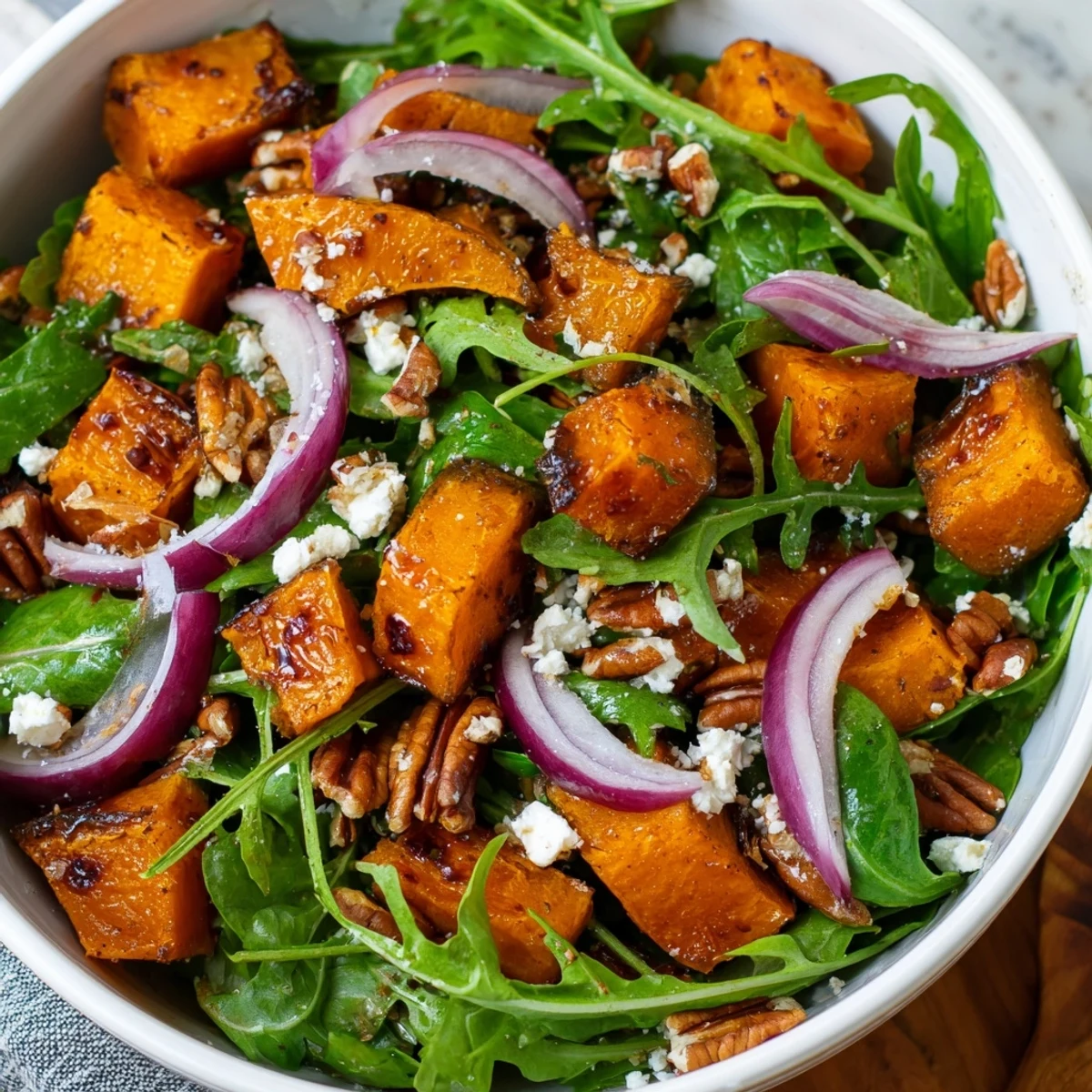 Warm roasted butternut squash salad with pecans, red onion, and greens tossed in tangy vinaigrette.