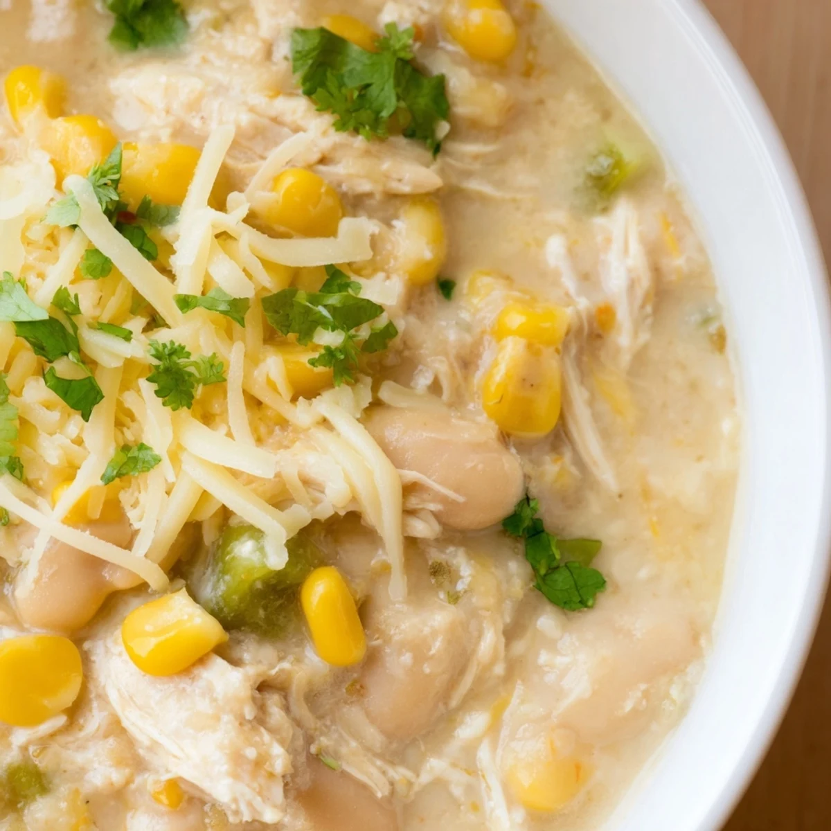 Creamy White Chicken Chili with Corn steaming in a rustic bowl, topped with cilantro and melted cheese.