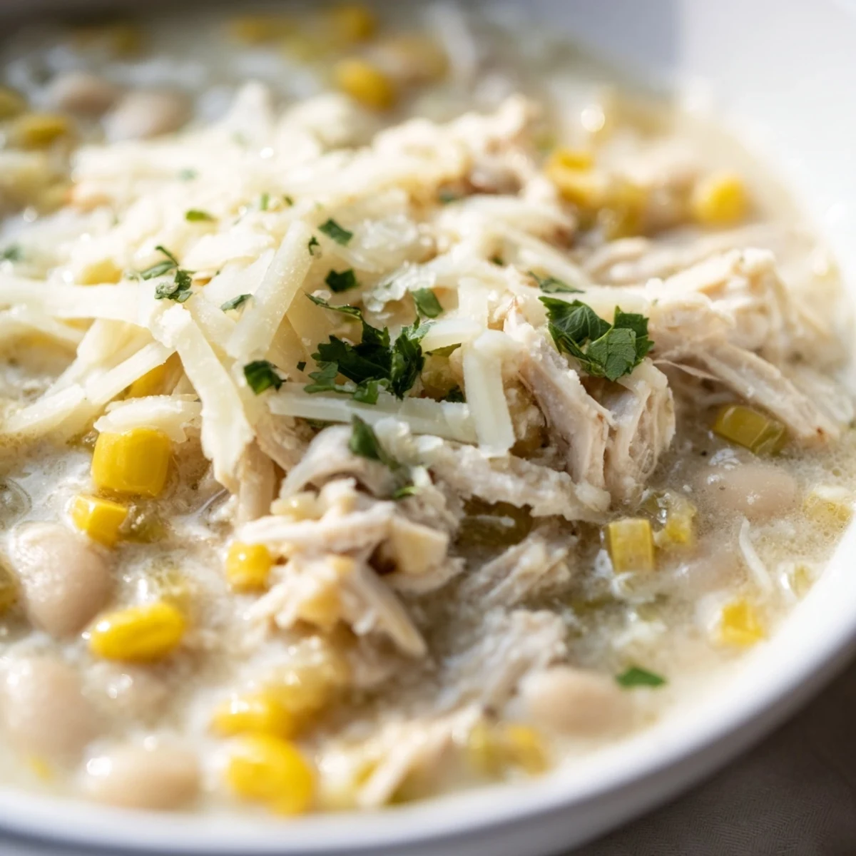 A ladle of Creamy White Chicken Chili with Corn shows tender chicken and creamy white beans.