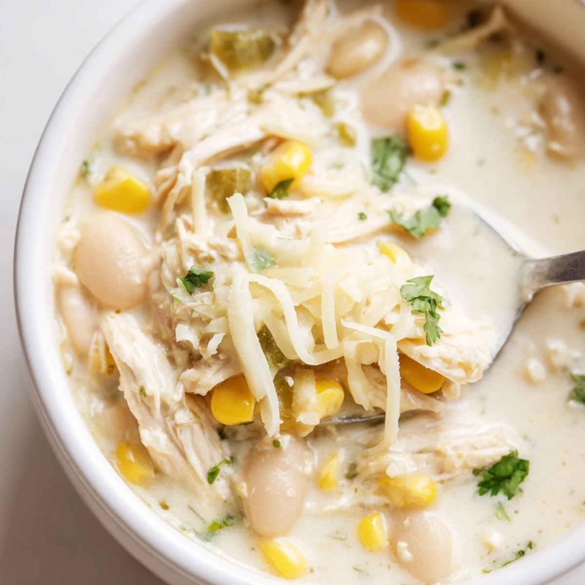 Serving Creamy White Chicken Chili with Corn in a pot with lime wedges and warm cornbread.