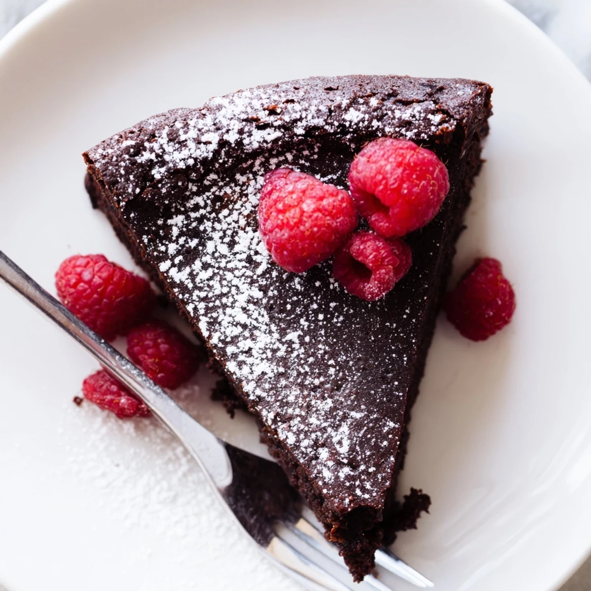 Freshly baked Decadent Flourless Chocolate Cake with raspberries on a white plate with a crumbly center.