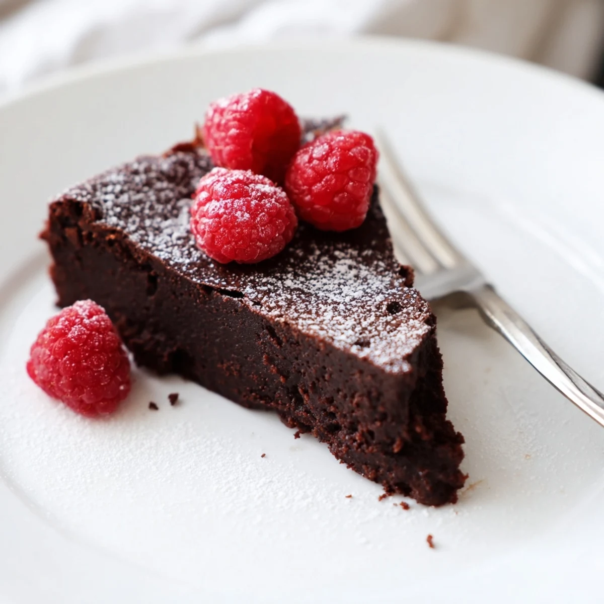 A slice of Decadent Flourless Chocolate Cake with raspberries being lifted by a fork, showing its fudgy texture.