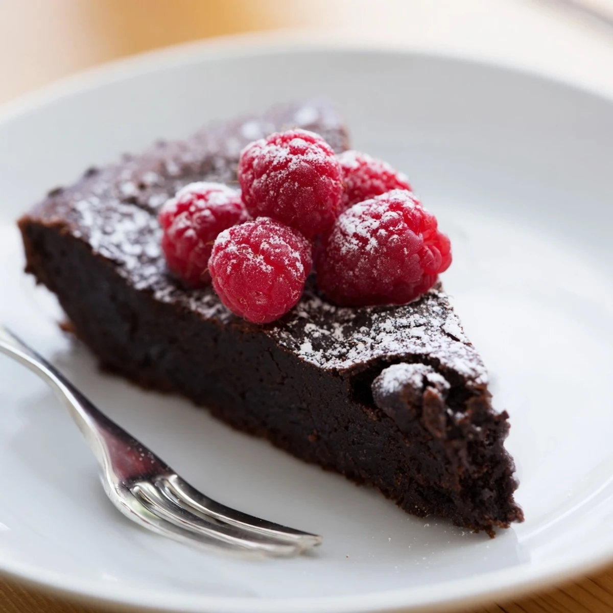 Decadent Flourless Chocolate Cake with raspberries and powdered sugar on a rustic wooden table, ready to serve.