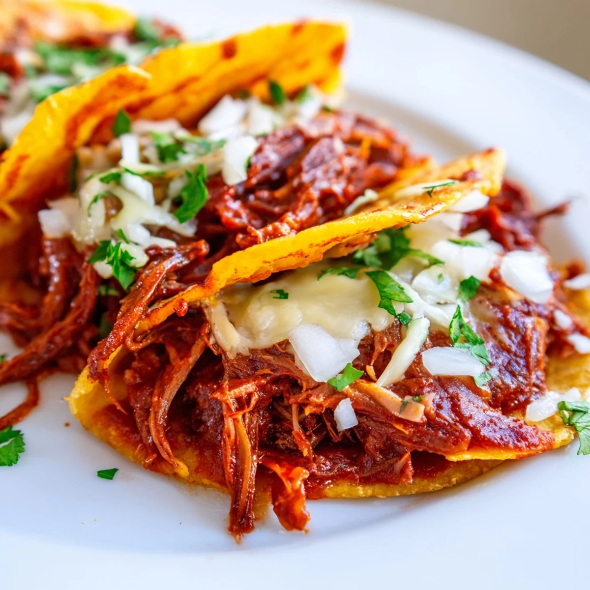 Golden corn tortillas filled with tender shredded beef birria, served with a lime wedge for squeezing.