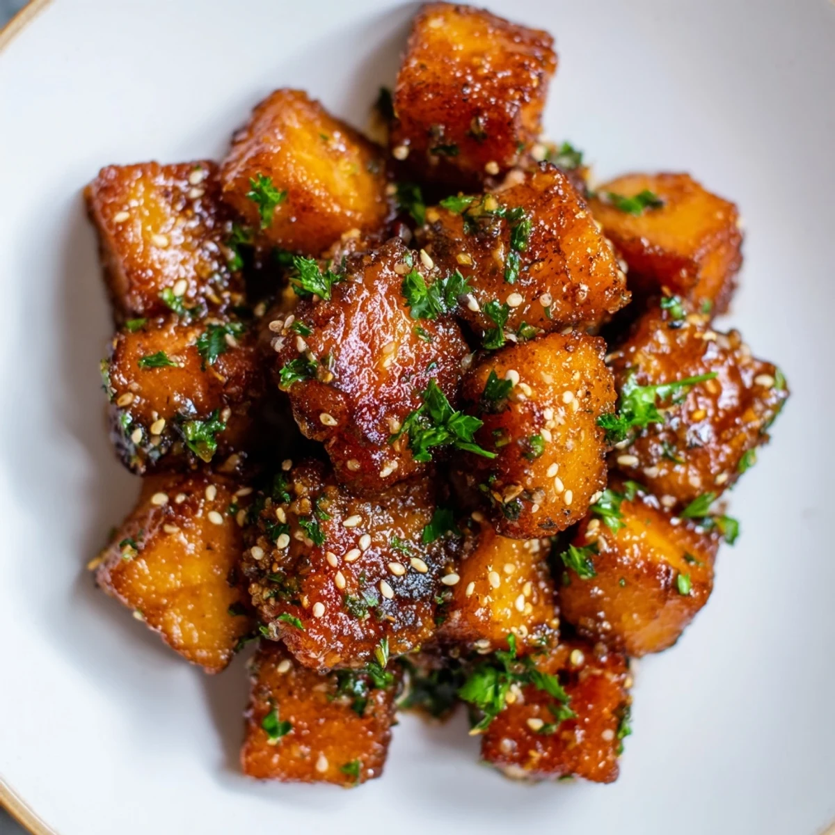 Air Fryer Salmon Bites coated in sticky honey garlic glaze, garnished with fresh parsley and sesame seeds on a white plate.