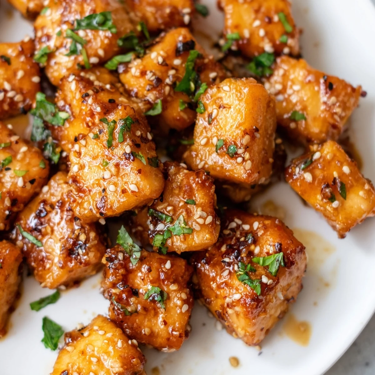 Golden Air Fryer Salmon Bites sizzling in the air fryer basket, developing crispy edges while the honey garlic glaze simmers nearby.