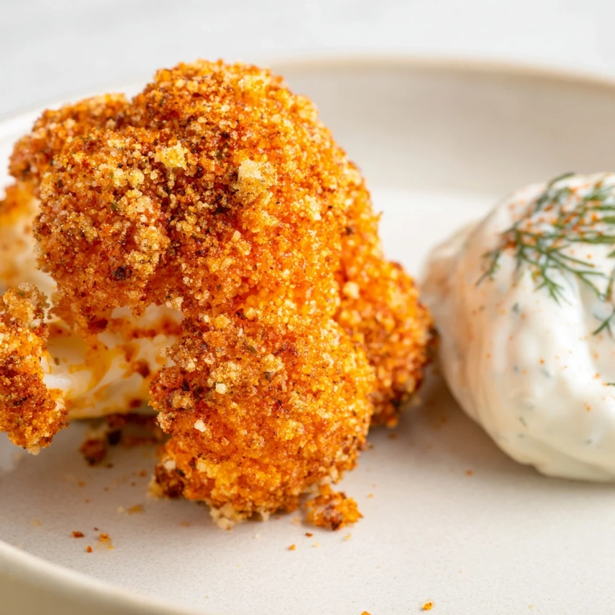Golden-brown Crispy Buffalo Cauliflower Wings with Ranch dip on a platter, garnished with fresh dill and celery sticks. 