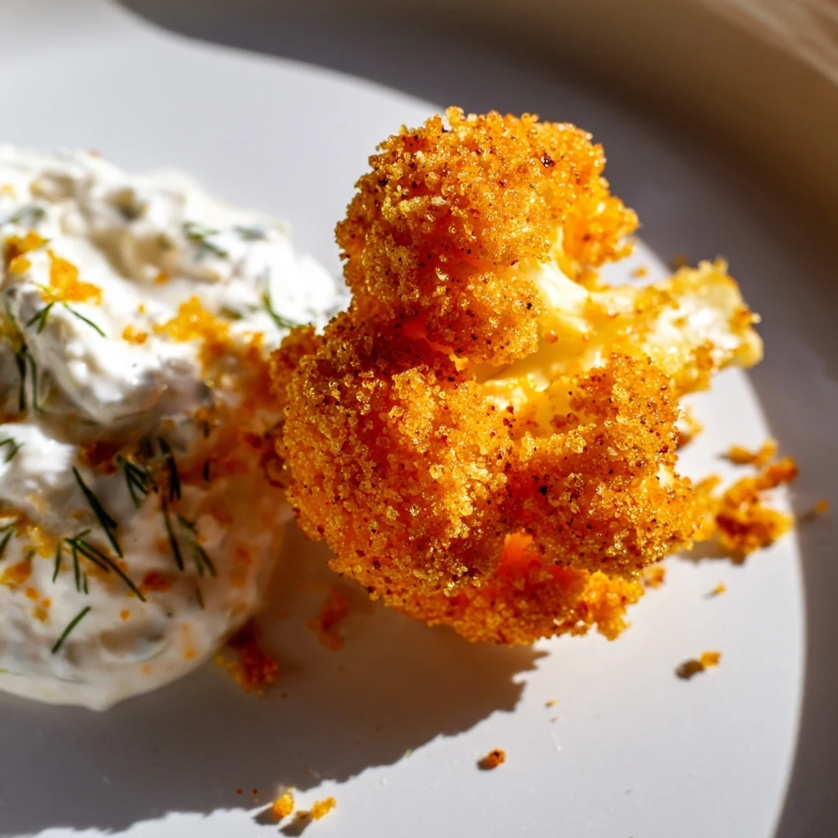 A close-up shows saucy Crispy Buffalo Cauliflower Wings with Ranch, glistening with spicy buffalo glaze on a rustic board. 