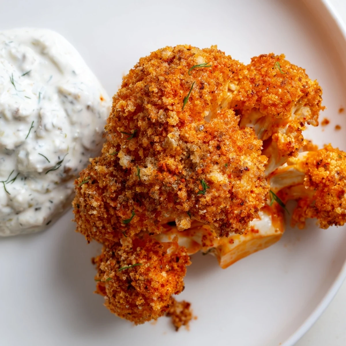 Freshly baked Crispy Buffalo Cauliflower Wings with Ranch and carrot sticks served for a vegetarian game day snack.