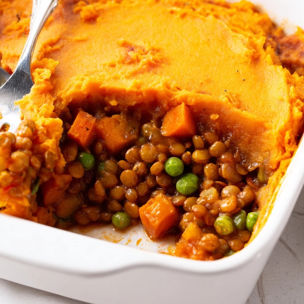 Golden-brown Vegetarian Lentil Shepherds Pie with Sweet Potato mash bubbling from the oven.