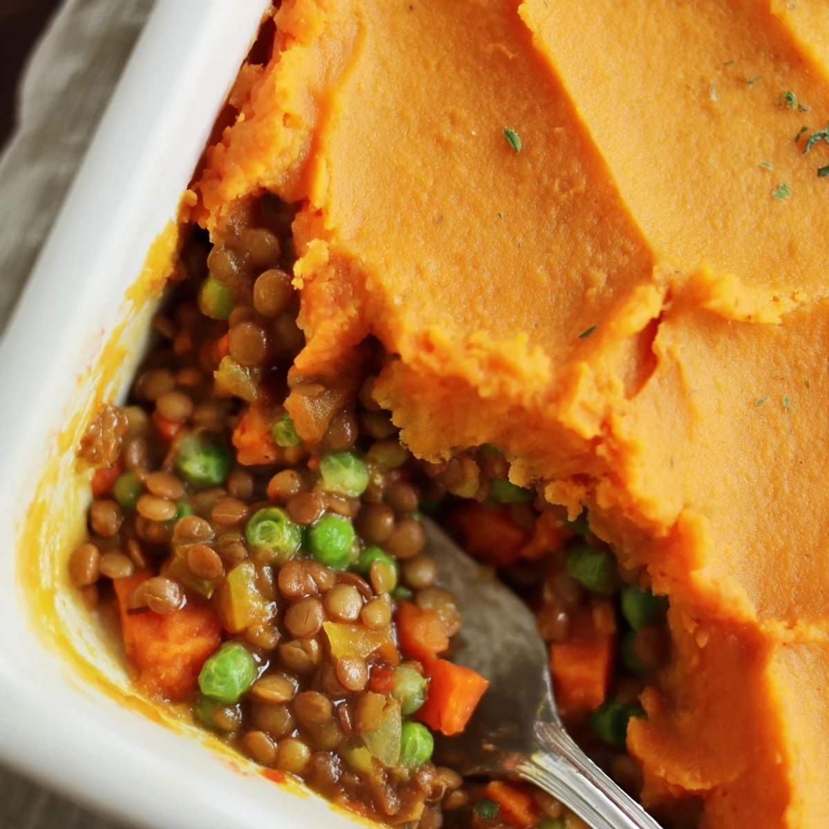 Fresh thyme garnishes the creamy sweet potato topping over the hearty lentil filling.