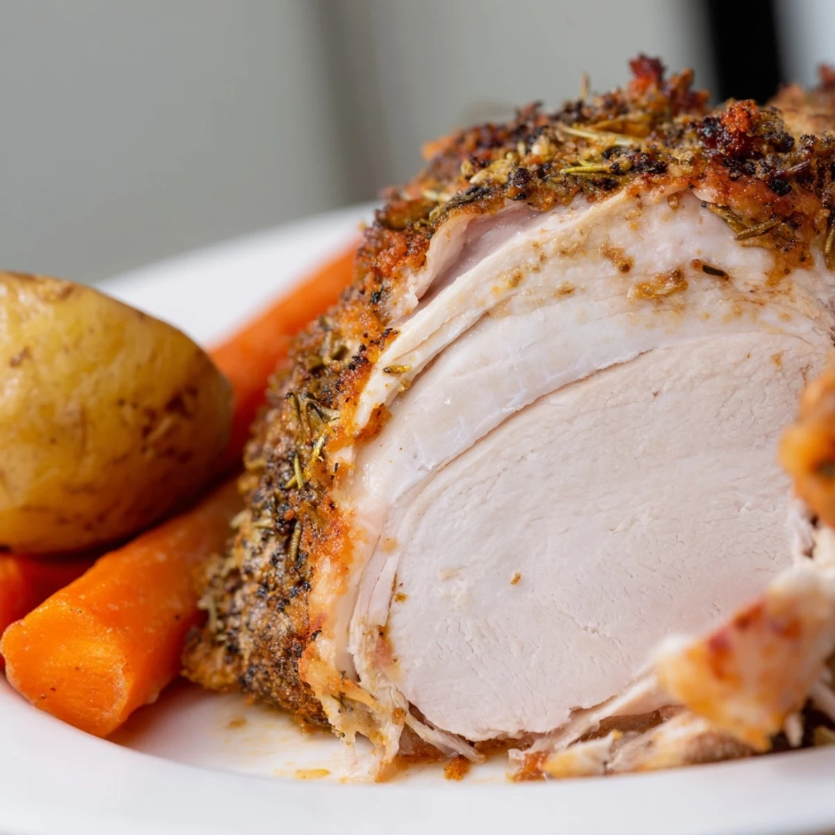 Golden-brown Sheet Pan Lemon Herb Roasted Turkey Breast with tender vegetables, fresh herbs, and lemon slices on a baking sheet.