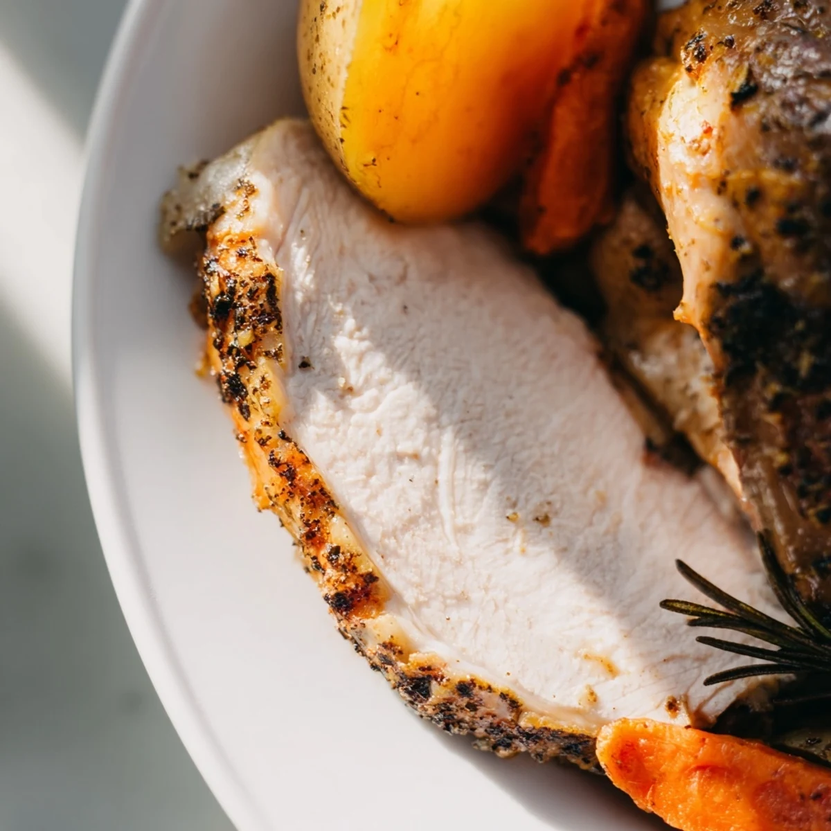 Freshly roasted Sheet Pan Lemon Herb Roasted Turkey Breast sliced and served alongside glazed carrots and potatoes for a family dinner.