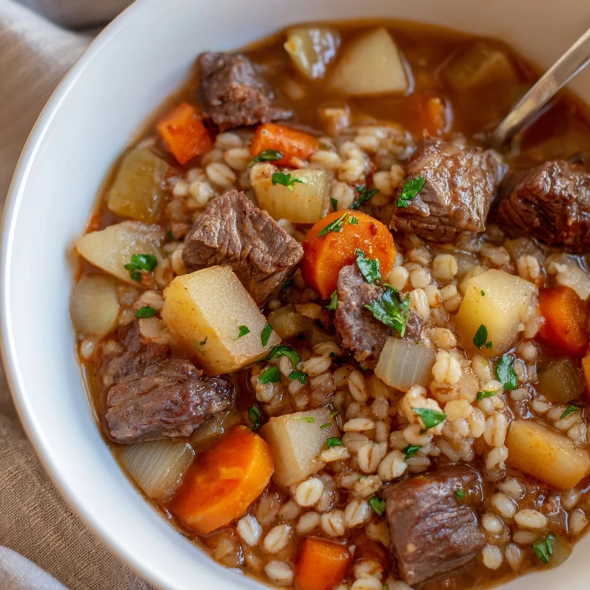 A bowl of Hearty Beef and Barley Stew with Root Vegetables, featuring tender beef chunks, carrots, and potatoes in a rich brown broth garnished with fresh parsley.
