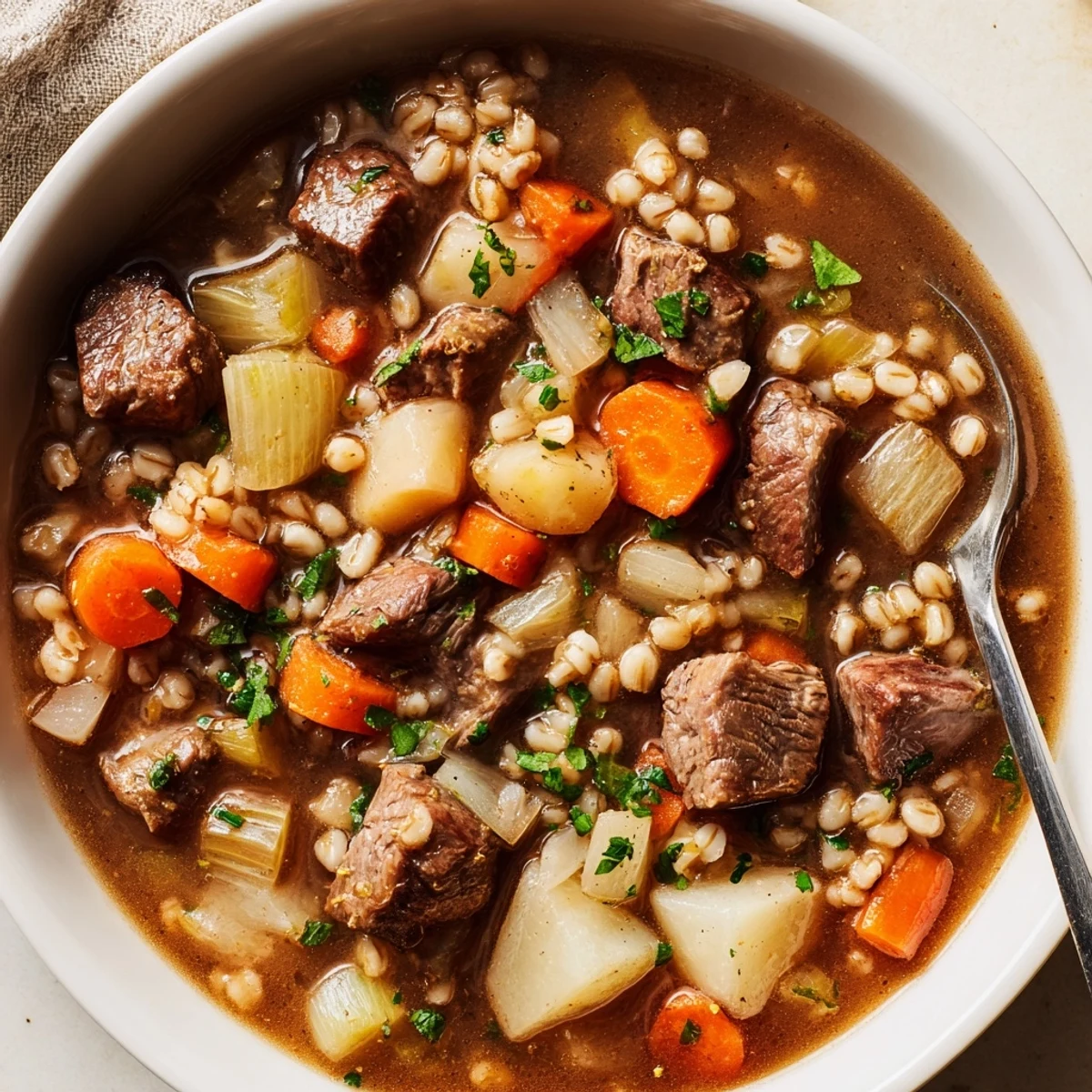 Spoon lifting a serving of Hearty Beef and Barley Stew with Root Vegetables from a rustic pot, steam rising from carrots, parsnips, and barley.