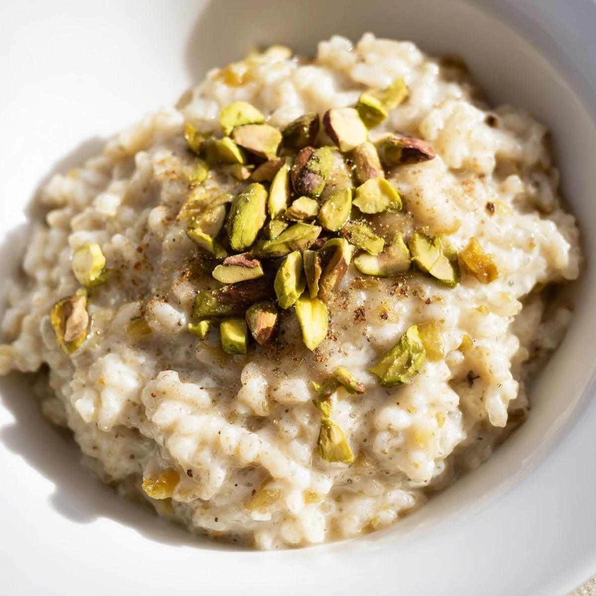 A cozy bowl of warm chai spiced rice pudding garnished with almonds and golden raisins.