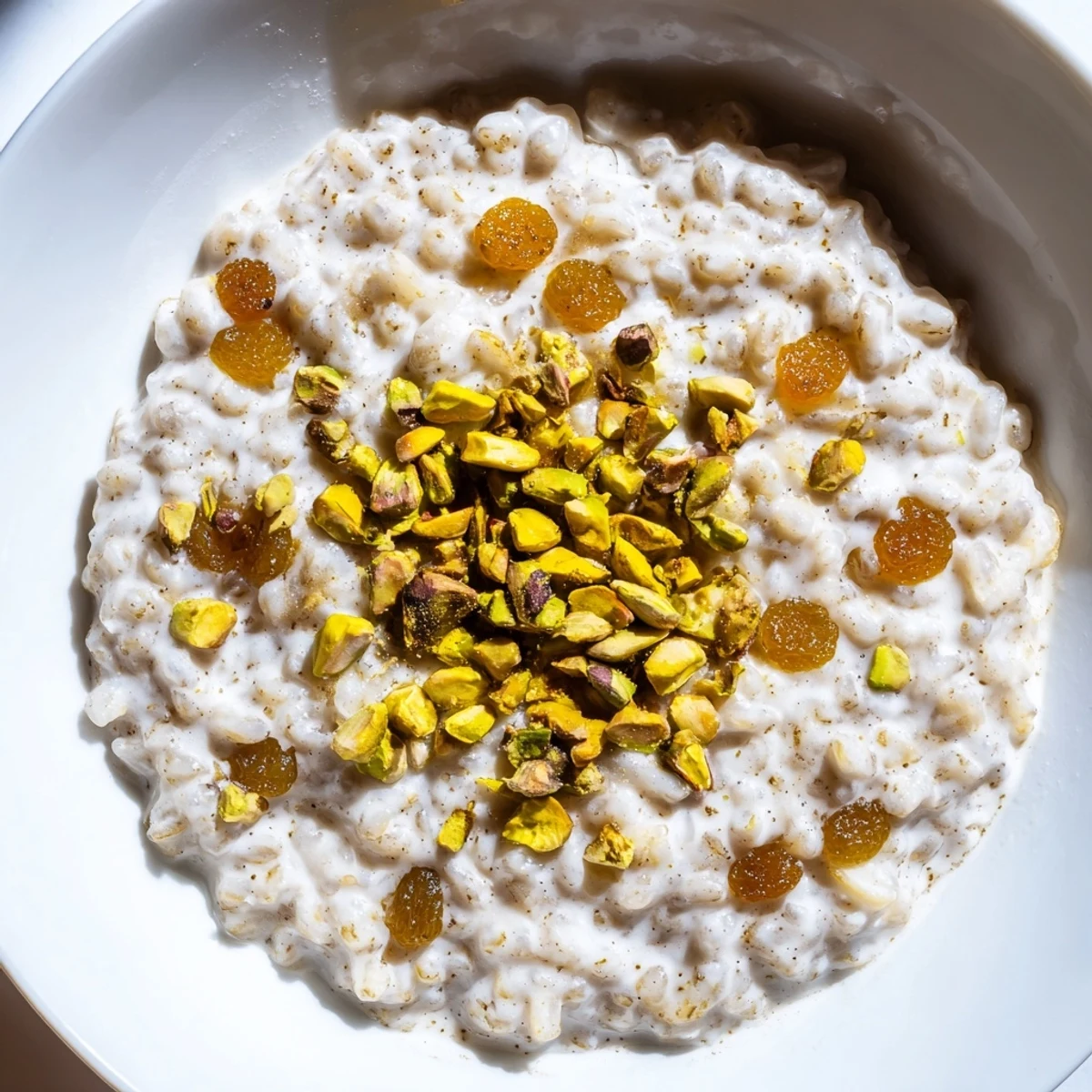 Creamy warm chai spiced rice pudding served in a rustic bowl, topped with toasted nuts.