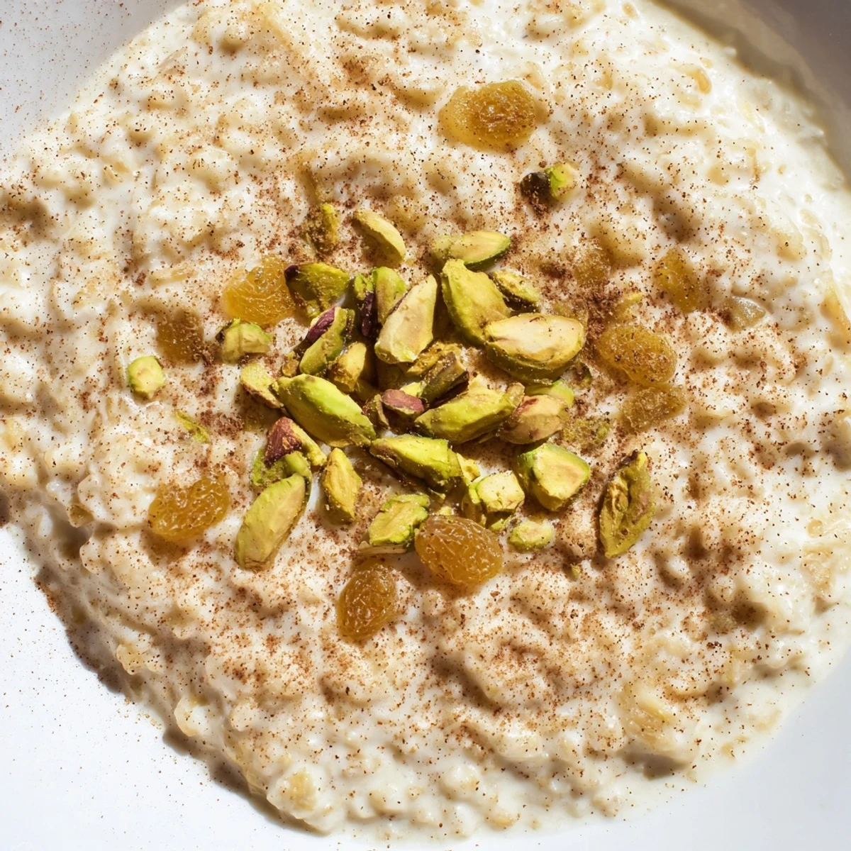 Steam rises from a spoonful of warm chai spiced rice pudding, highlighting aromatic cinnamon and cardamom.