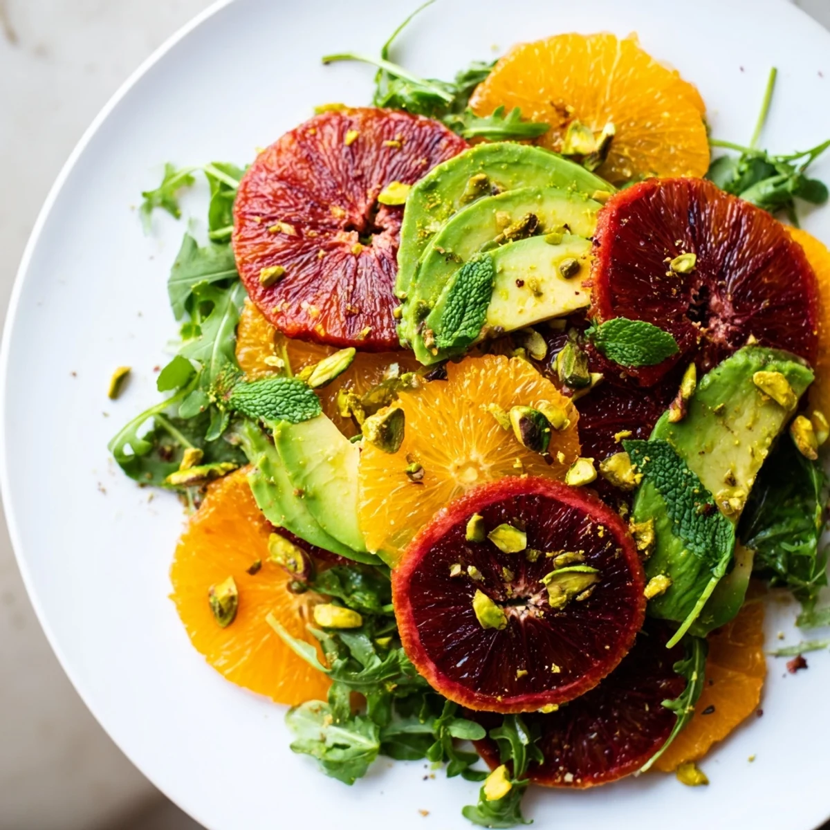 Freshly sliced blood oranges and avocado on mixed greens, drizzled with lemon dressing and topped with mint for a vibrant Winter Citrus and Avocado Salad.