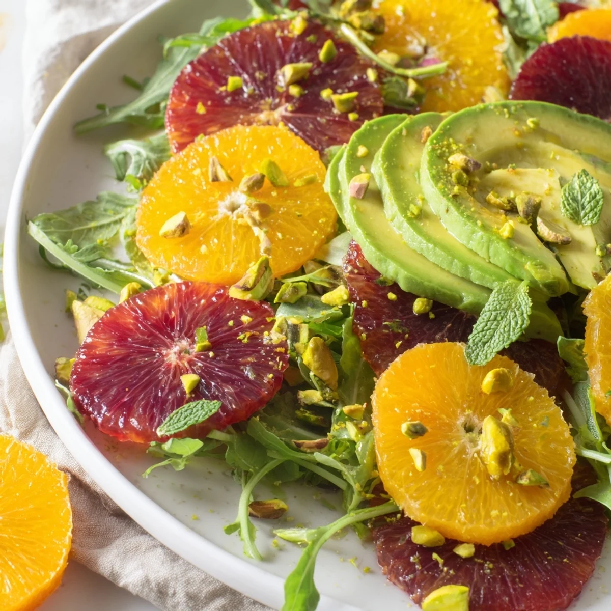 Creamy avocado slices and juicy citrus rounds with torn mint leaves, creating a bright Winter Citrus and Avocado Salad served on a bed of greens.