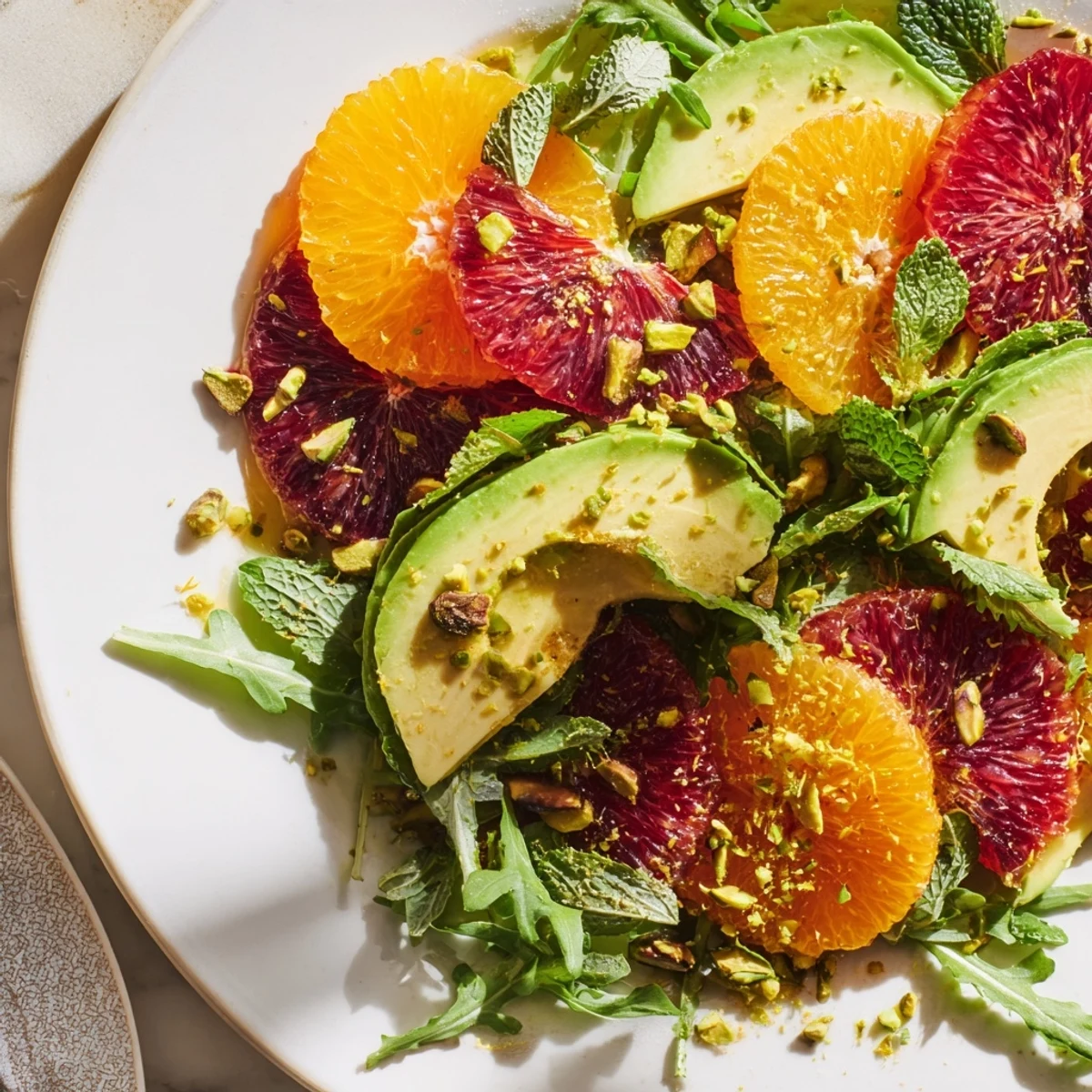 A close look at glazed citrus and creamy avocado on arugula, garnished with pistachios, making a refreshing Winter Citrus and Avocado Salad.