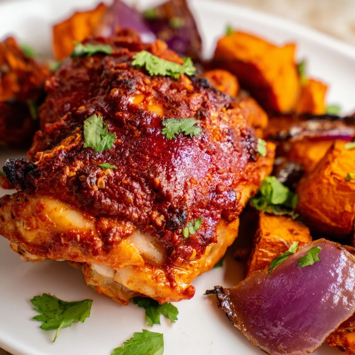 Golden-brown crispy chicken thighs coated in spicy harissa glaze, roasted alongside tender, caramelized sweet potato chunks and red onion wedges.