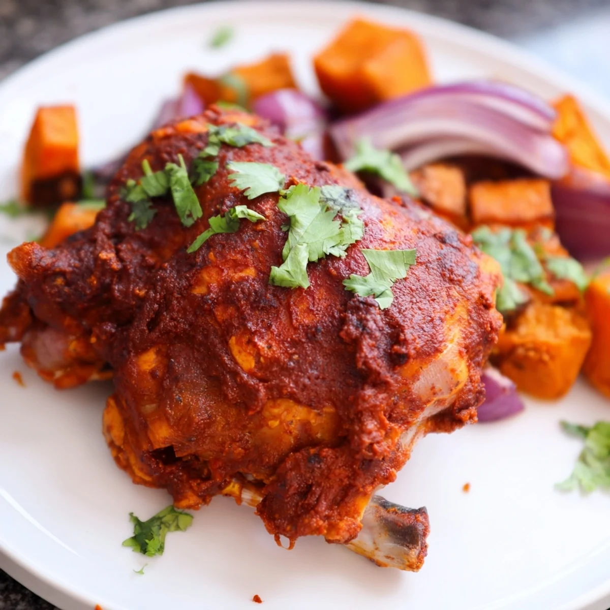 Roasted chicken and sweet potatoes emerge from the oven with charred edges, garnished with fresh cilantro and served with lemon wedges.