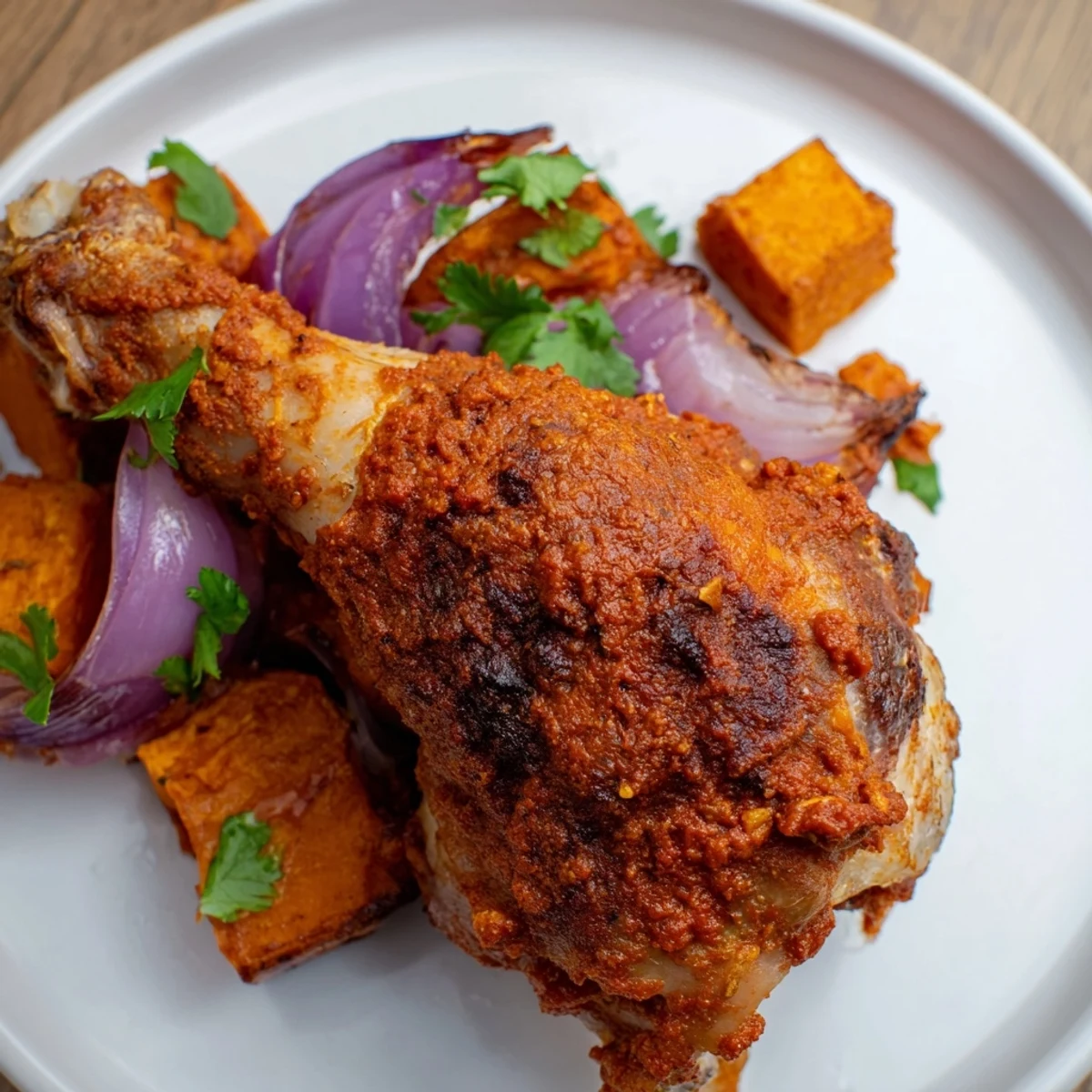 One-pan Harissa Roasted Chicken with Sweet Potatoes, a vibrant gluten-free dinner with smoky spices and bright Mediterranean-inspired flavors.