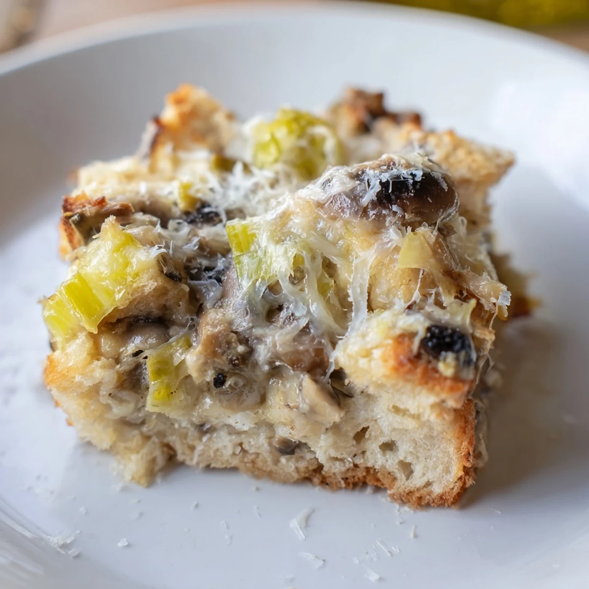 Freshly baked Savory Mushroom and Leek Bread Pudding, crowned with golden, bubbly Gruyère and Parmesan, steaming in a rustic dish.