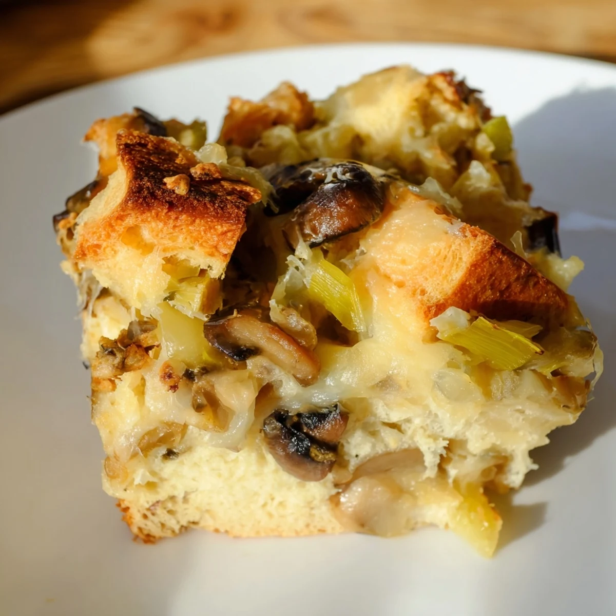 A slice of Savory Mushroom and Leek Bread Pudding rests beside a fresh salad, highlighting the cheesy top and mushroom filling.
