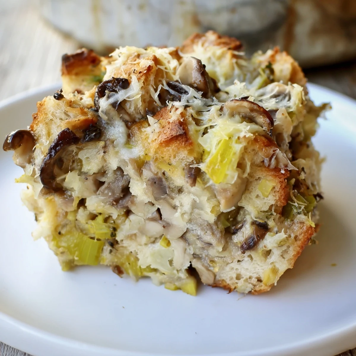 Golden bread cubes and tender leeks peek through the baked Savory Mushroom and Leek Bread Pudding, showing a rich, custardy interior.