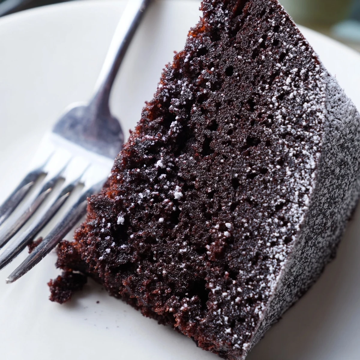 A close-up of moist Dark Chocolate and Beetroot Snack Cake squares, rich brownie texture with deep red beetroot specks.