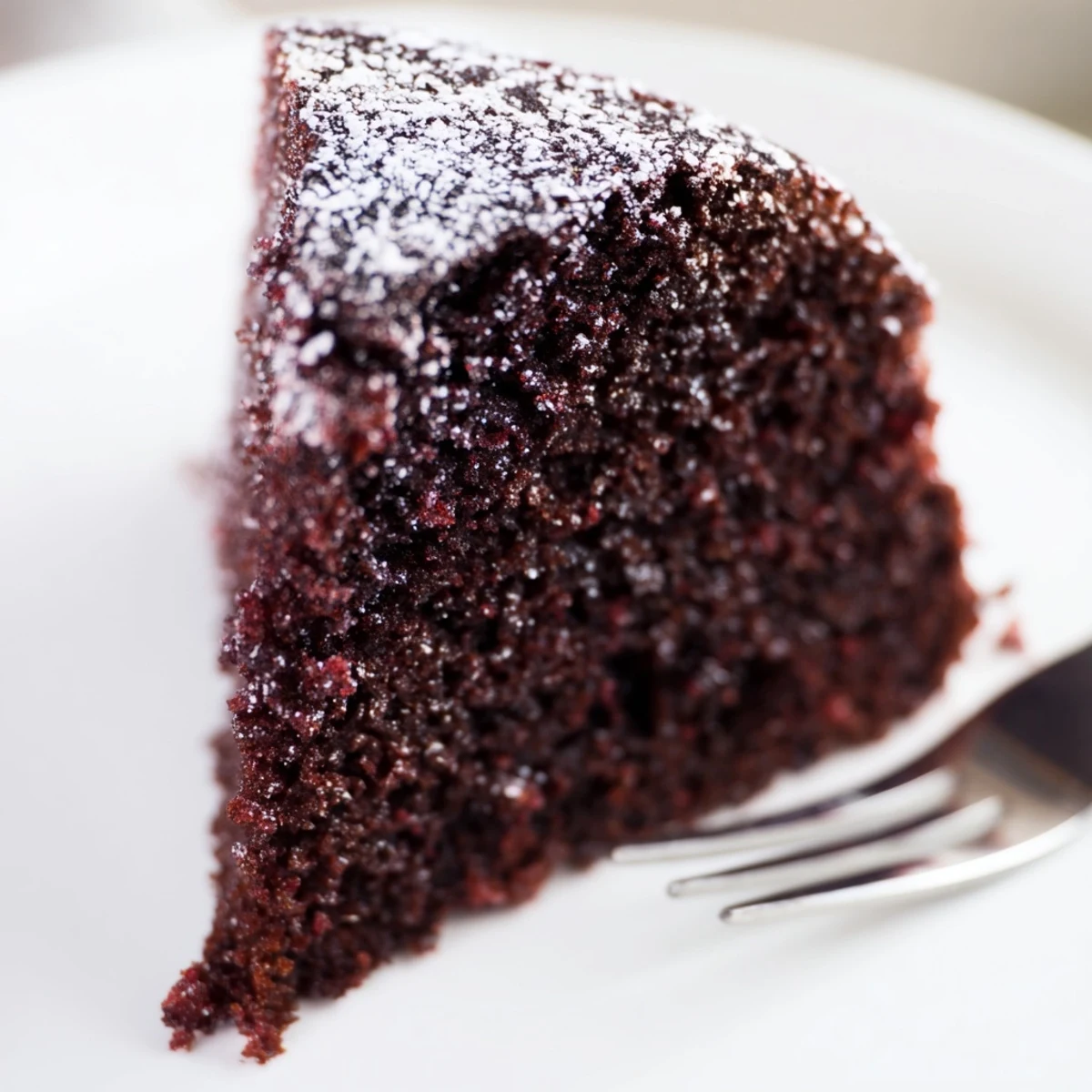 Dark Chocolate and Beetroot Snack Cake squares stacked on a white plate, topped with fresh raspberries for a vibrant dessert.