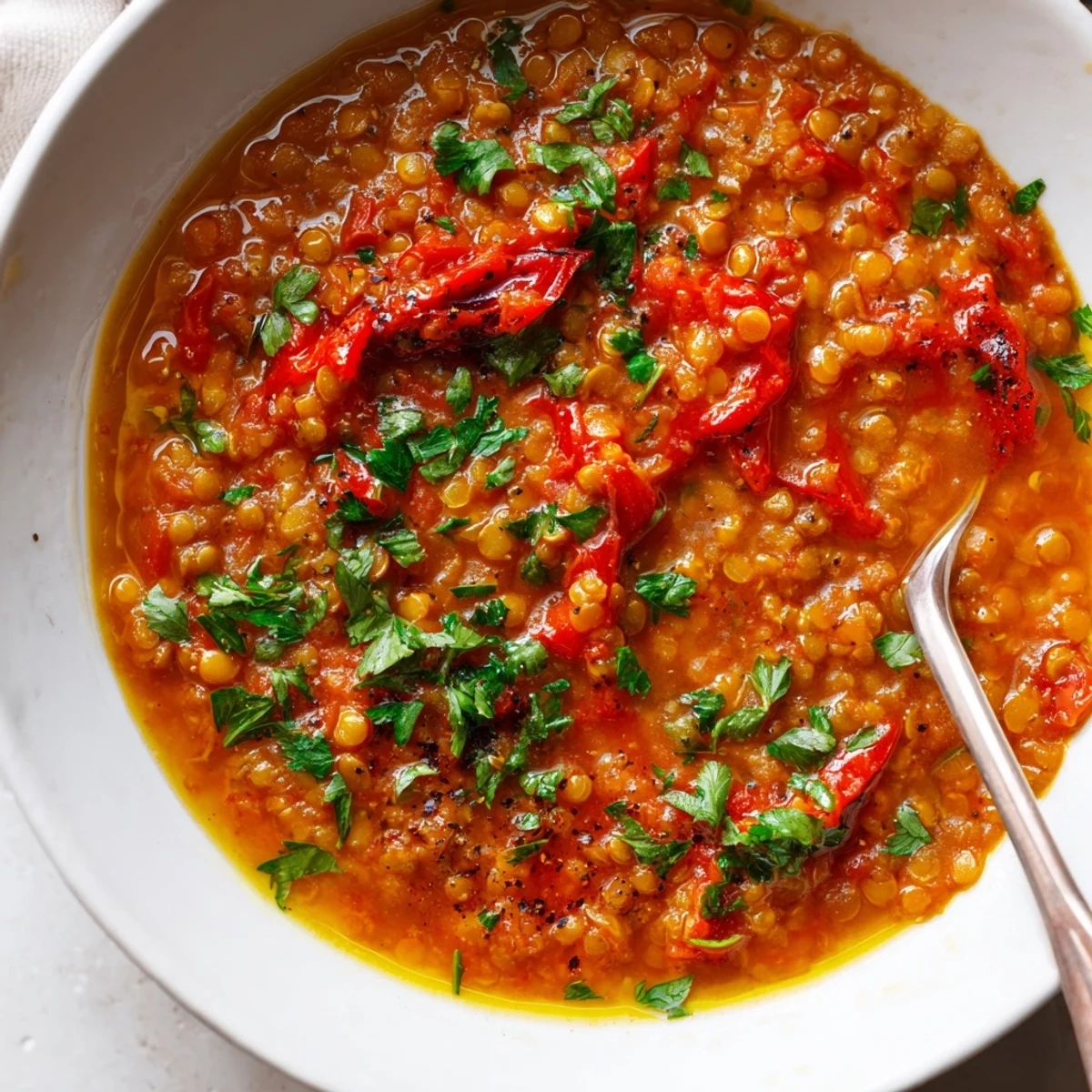 Steaming bowl of Roasted Red Pepper and Lentil Soup, garnished with fresh parsley and a lemon wedge.