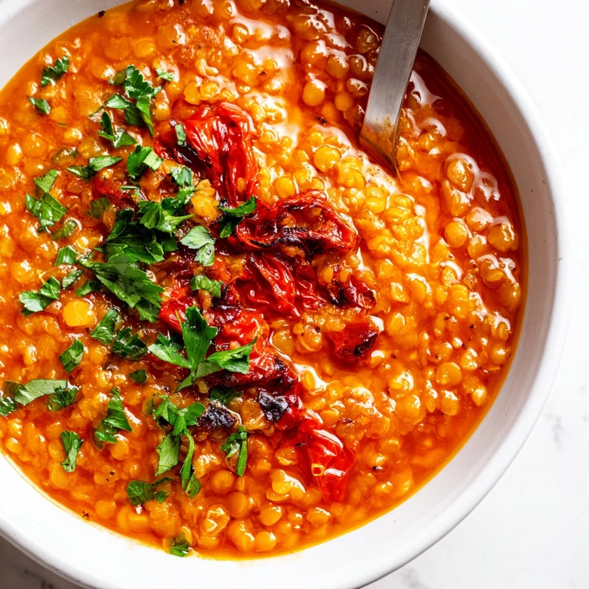 Roasted Red Pepper and Lentil Soup served hot with crusty bread for dipping into the savory broth.