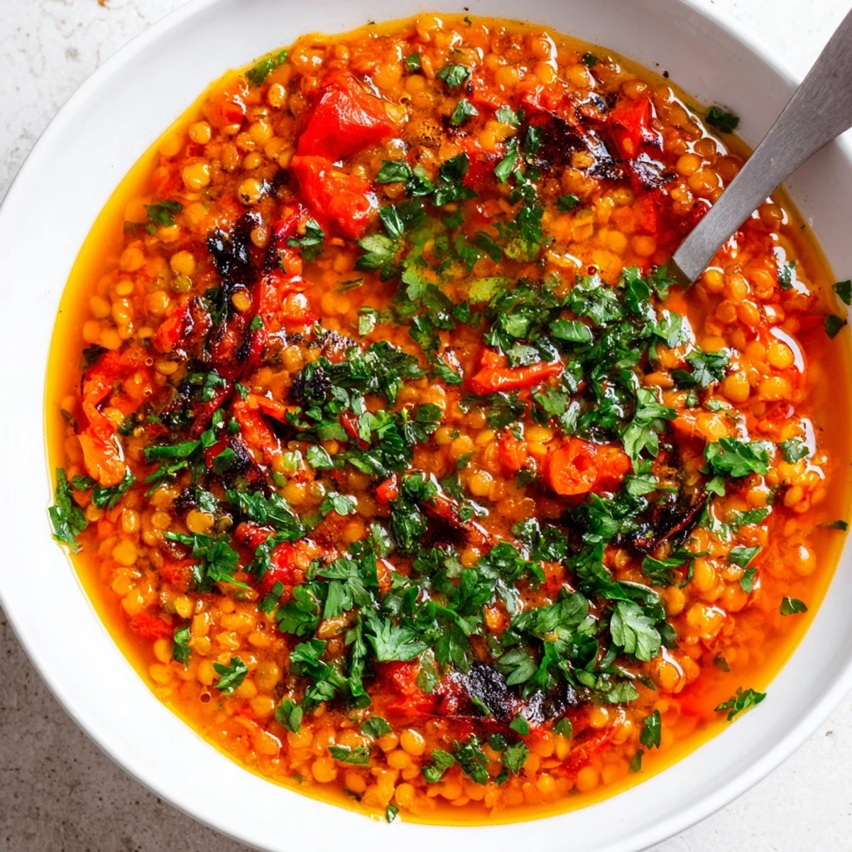 Vibrant Roasted Red Pepper and Lentil Soup blended smooth, featuring smoky paprika and tender lentils in a rustic setting.
