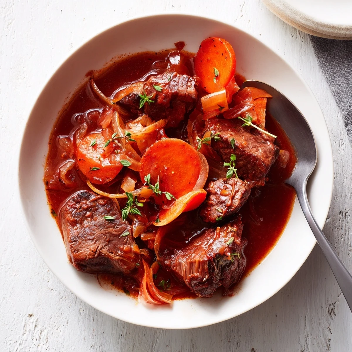 Hearty Slow Cooked Beef Shin with Carrots and Thyme simmering in a Dutch oven with fresh thyme sprigs.